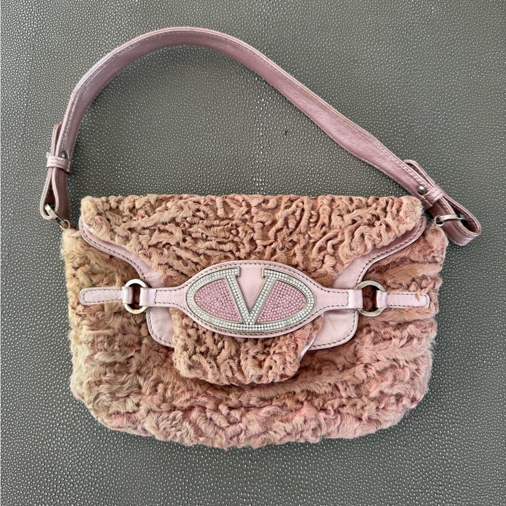 Valentino Blush Pink Shearling Shoulder Bag with Crystal V Logo